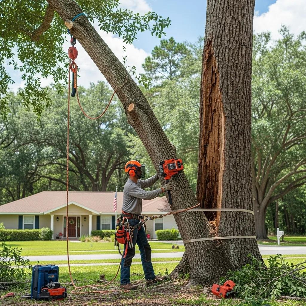 Certified arborist using a chainsaw to assess and safely remove a hazardous tree in Belleview, FL, with safety equipment and protocols in focus.