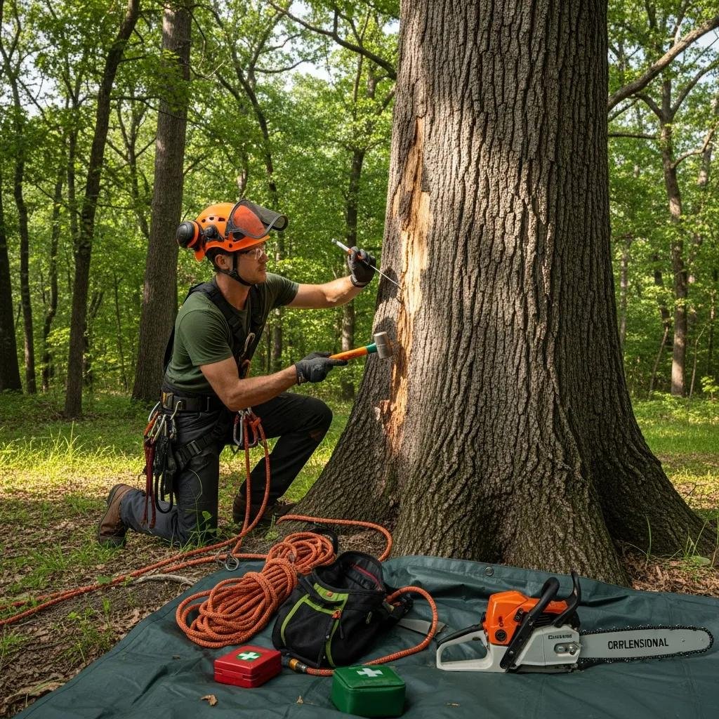 Certified arborist assessing a tree's health, showcasing expertise in tree care