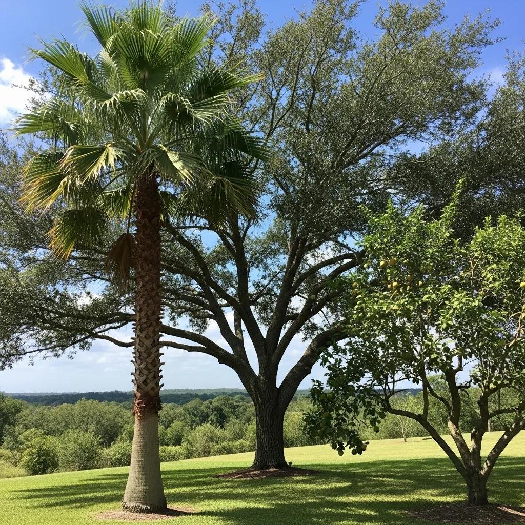 Diverse tree types in Belleview, including a palm tree, oak tree, and fruit tree, highlighting the importance of specialty pruning for tree health and aesthetics.