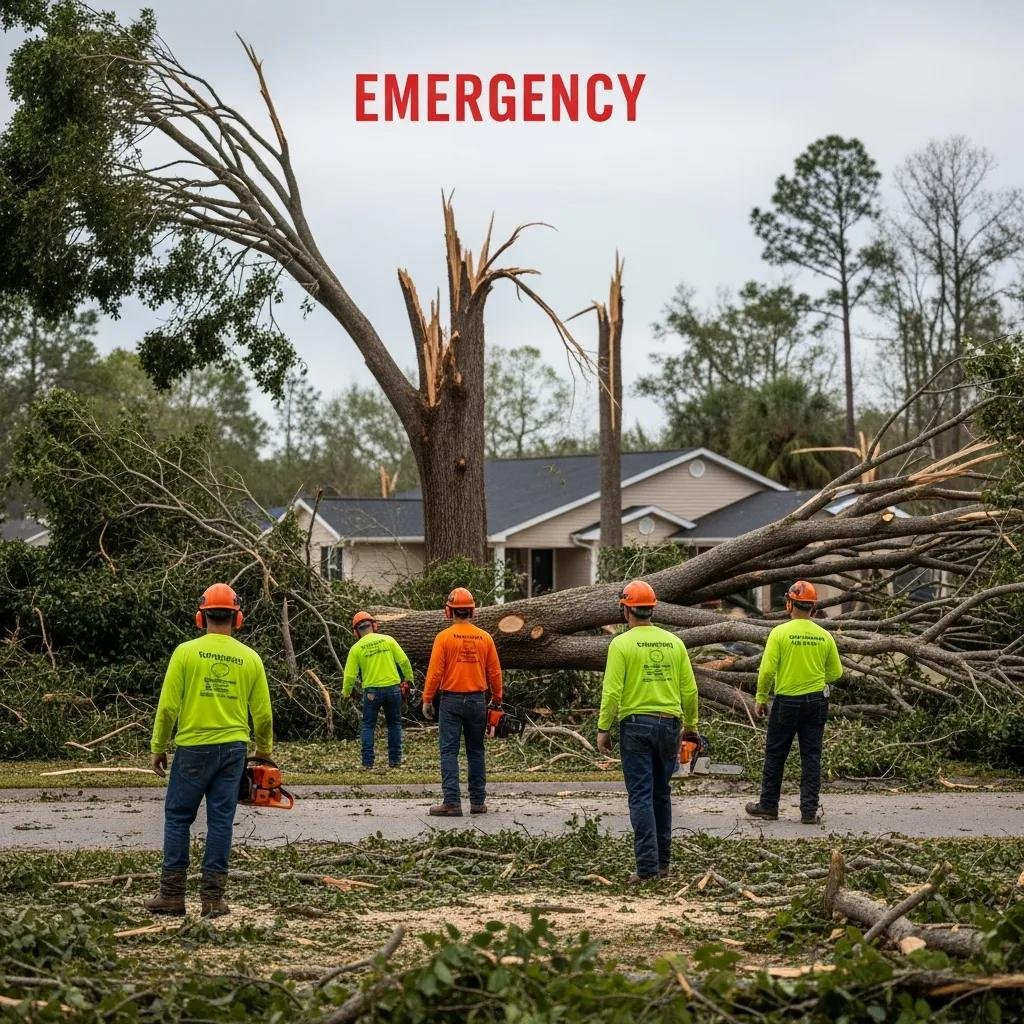 Emergency tree removal team assessing storm damage, with fallen branches and debris in Belleview, FL, showcasing professional safety and expertise in tree care services.