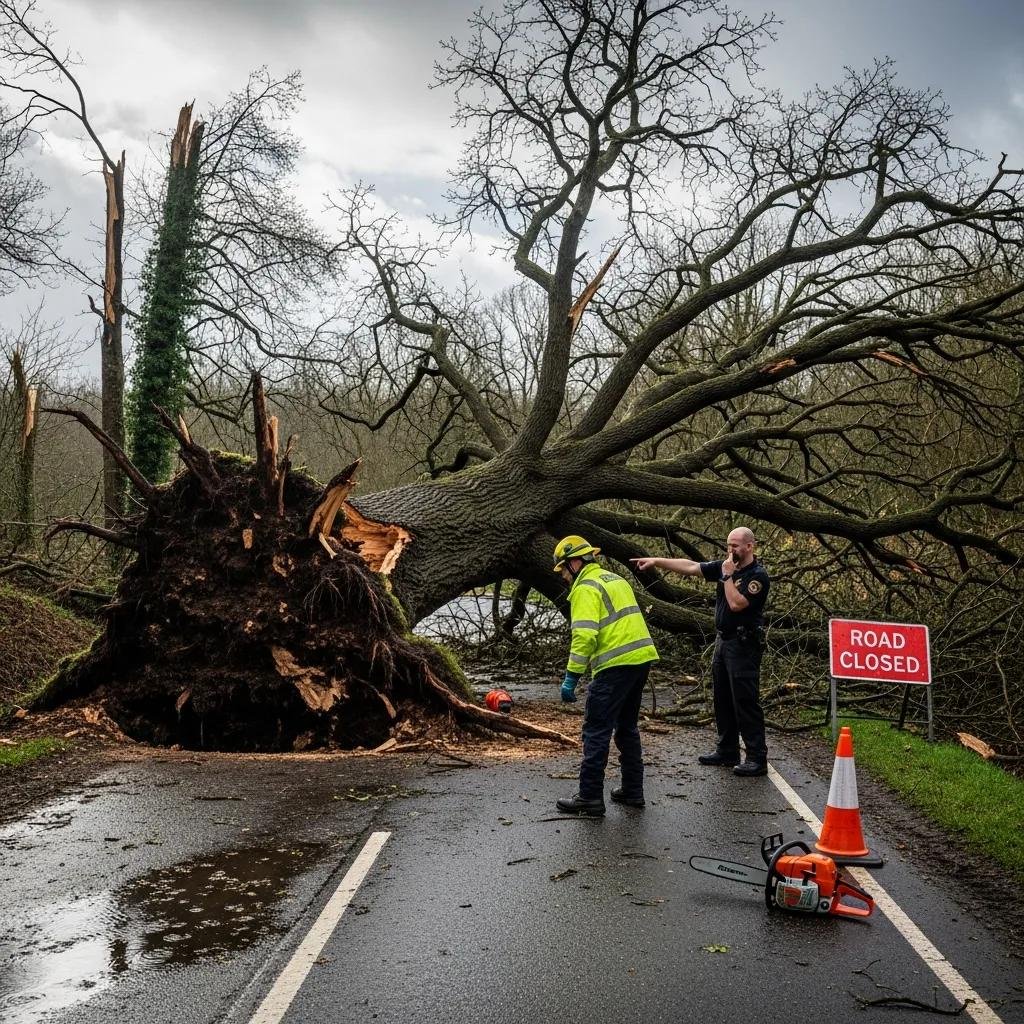 Fallen tree blocking a road, highlighting the need for emergency tree trimming services