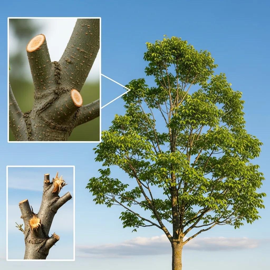Healthy tree showcasing the benefits of professional trimming, with close-ups of pruned branches illustrating improved tree health and safety.