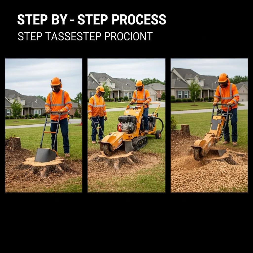 Step-by-step illustration of the stump grinding process, featuring assessment, equipment, and grinding techniques