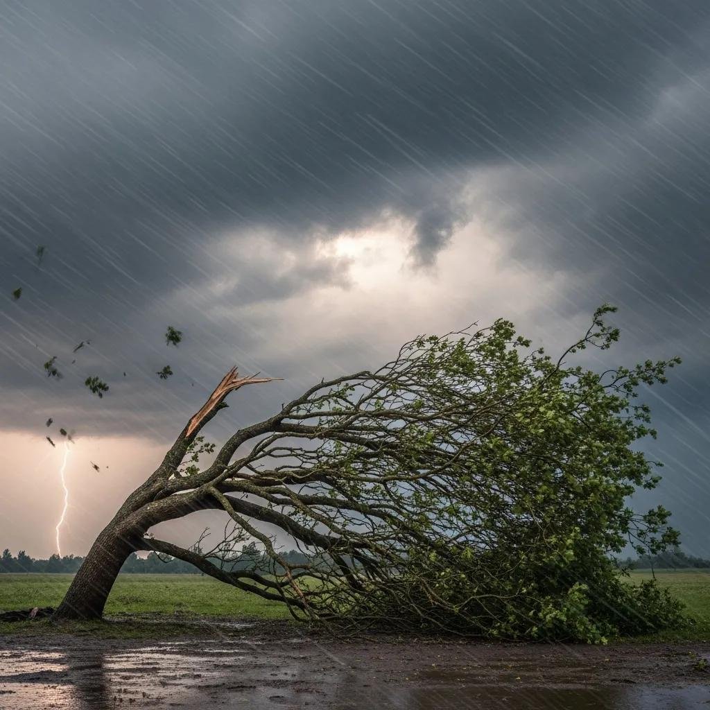 Tree bending in strong winds during a storm, highlighting storm impact on tree safety