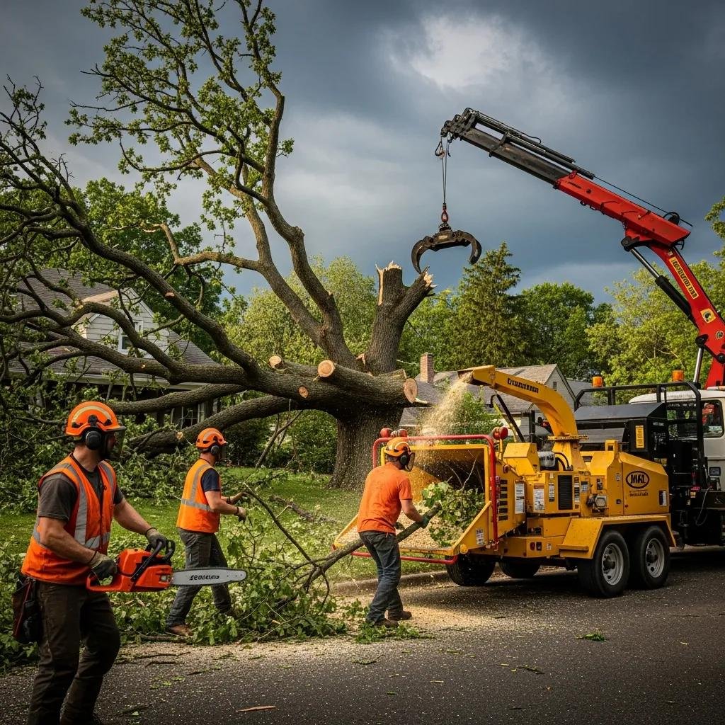 Tree service crew removing storm-damaged tree in Ocala, Florida, using chainsaws and machinery for efficient debris clearance.