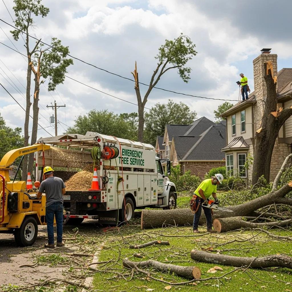 Tree service crew cleaning up storm damage in a residential area in Belleview, FL