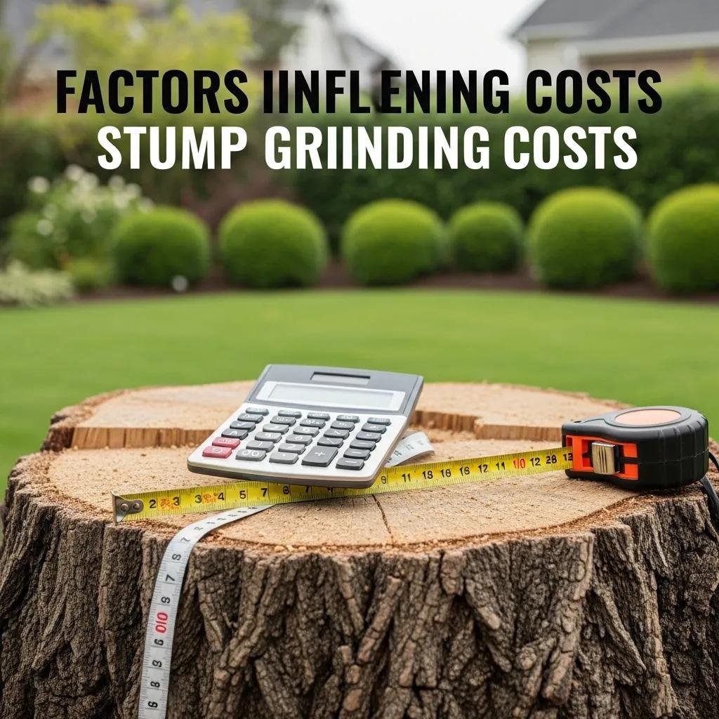 Visual representation of factors influencing stump grinding costs, featuring a stump, measuring tape, and calculator in a landscaped yard